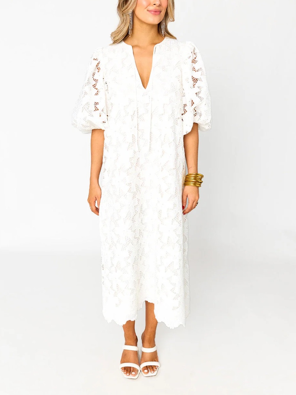 Buddy Love Pamela Caftan Maxi Dress Lace Puff Sleeve Large